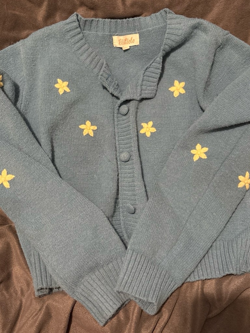 Listicle Blue Knit Cardigan with Yellow Floral Appliqués